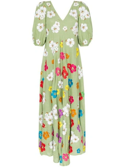 All Things Mochi Tila Floral-embroidered Linen Maxi Dress In Green