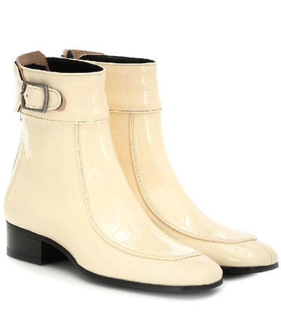 Saint Laurent Miles Square-toe Patent-leather Ankle Boots In Bianco