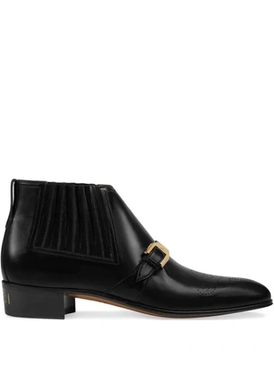 Gucci Men's Leather Ankle Boot With G Brogue In Black