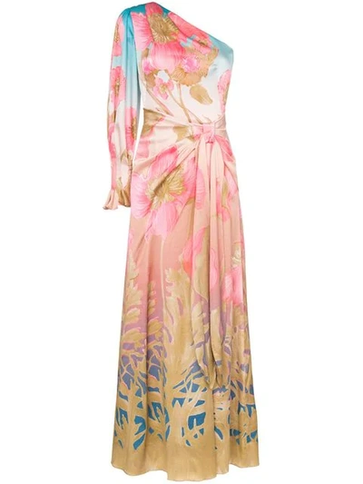 Peter Pilotto Floral-print One-shoulder Silk-blend Midi Dress In Sky Poppy