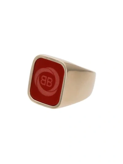 Balenciaga Gold Tone Square Logo Ring In Red