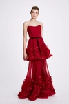MARCHESA NOTTE RED STRAPLESS TIERED GOWN,MN19FG1013R-1