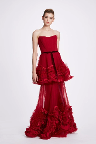 Marchesa Notte Ruffled Appliqué Strapless Gown In Red