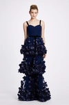 MARCHESA NOTTE SLEEVELESS TIERED NAVY GOWN,MN19FG1011N-7