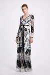MARCHESA NOTTE LONG SLEEVE VELVET EMBROIDERED GUIPURE GOWN,MN19FG1008-8