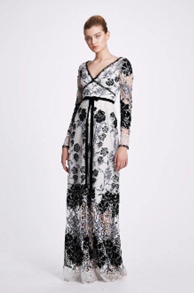 Marchesa Notte Long Sleeve Velvet Embroidered Guipure Gown In Ivory/ Black