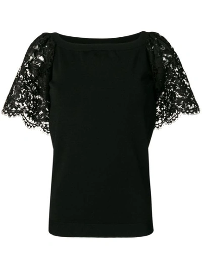 Valentino Floral Lace Sleeve T In Black