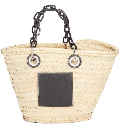 Loewe Chain Handle Woven Palm Market Basket In Natural/ Black