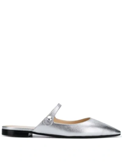 Prada Metallic Saffiano Leather Slides In Argento