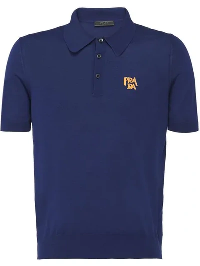 Prada Logo-intarsia Wool-blend Polo Shirt In Baltic Blue