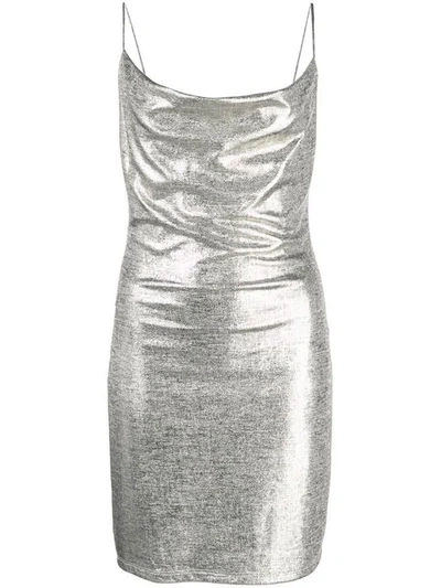 Alice And Olivia Harmie Cowl Neck Metallic Chambray Minidress In Silver