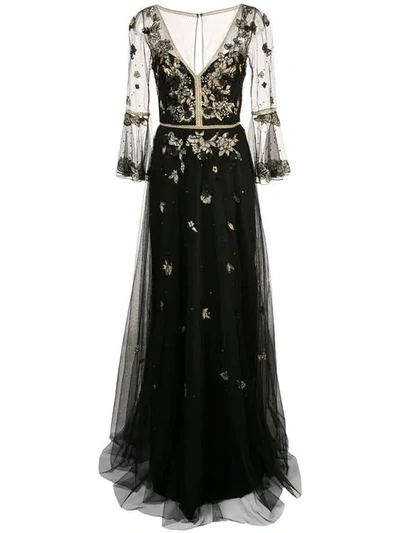 Marchesa Notte Floral Embroidery Gown In Black