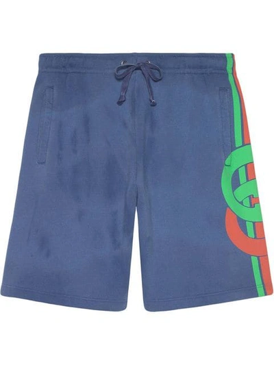 Gucci Men's Washed Sweatshorts With Striped Logo In Blue