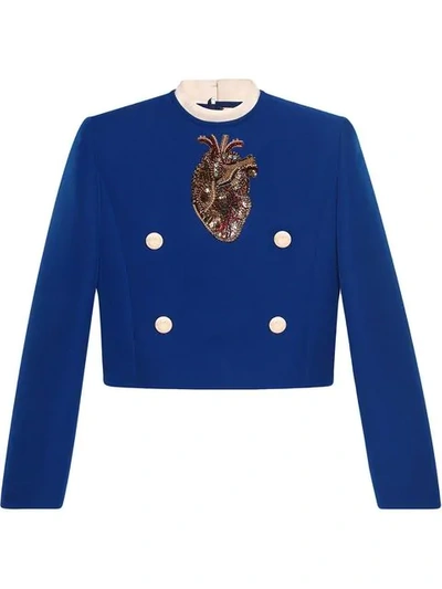 Gucci Wool Silk Top With Anatomical Heart Appliqué In Dark Blue Wool Silk