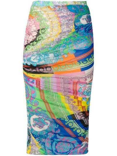 Versace Stretch Tulle Baroque Multicolor Ruched Skirt In Multicolour