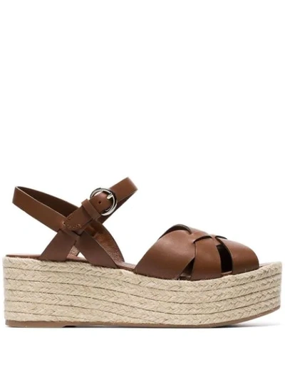 Prada Criss Cross Leather Wedge Espadrille Sandals In Brown