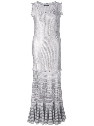 Alexander Mcqueen Laddered Knit Midi Dress In Silver