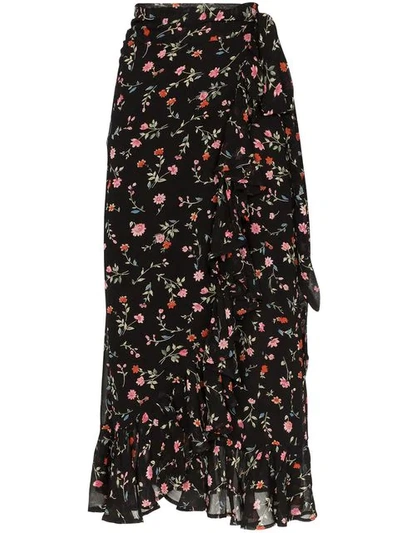 Ganni Ruffled Floral-print Georgette Wrap Skirt In Black