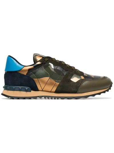 Valentino Garavani Camouflage Rockrunner Suede And Leather Trainers In Green Silver Brown