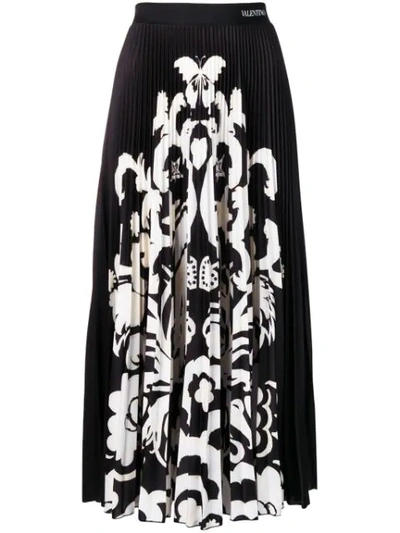 Valentino Peacock Print Plisse Pleated Midi Skirt In Black