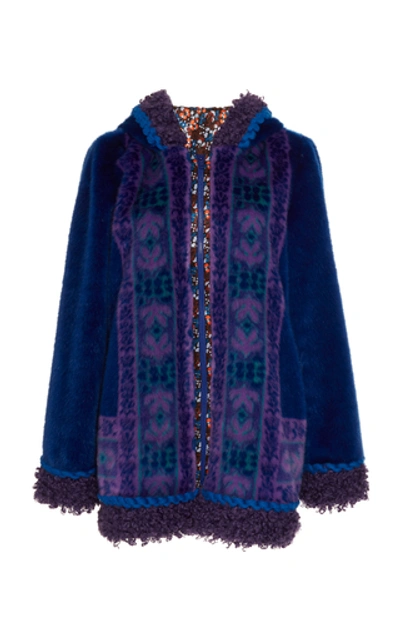 Anna Sui Bouclé-trimmed Faux Fur Hooded Jacket In Blue