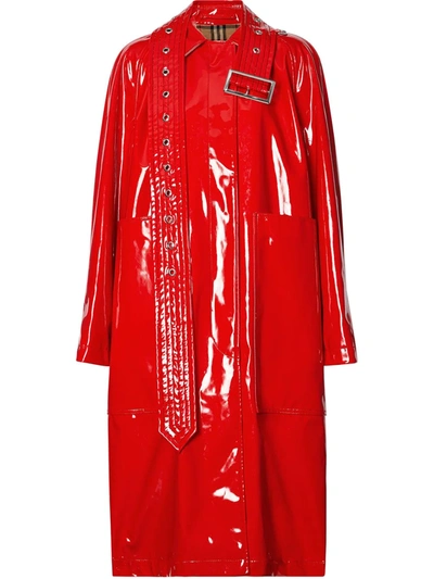 Burberry Belt Detail Laminated Car Coat In Red