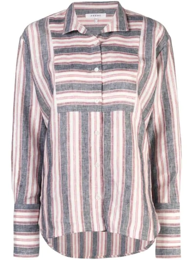Frame Striped Bib Linen Button-down Shirt In Natural White Multi