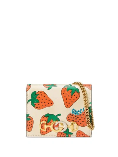 Gucci Zumi Strawberry Print Card Case Wallet In White