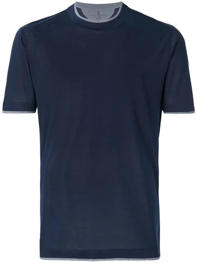 Brunello Cucinelli Slim Fit Crewneck T-shirt In Silk And Cotton Jersey With Fake Overlay In Blue