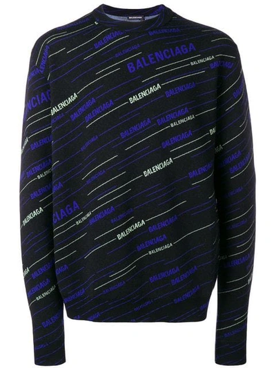 Balenciaga Men's Intarsia-knit Diagonal Logo Jumper In Blue