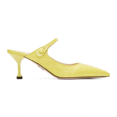 Prada Mary-jane Crocodile-effect Leather Mules In Yellow