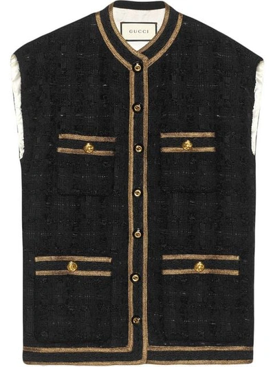 Gucci Tweed Sleeveless Waistcoat With Decorative Trim In Black