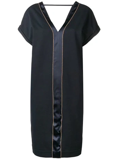 Brunello Cucinelli Felpa Cap-sleeve Monili Beaded Satin-stripe Dress In Blue