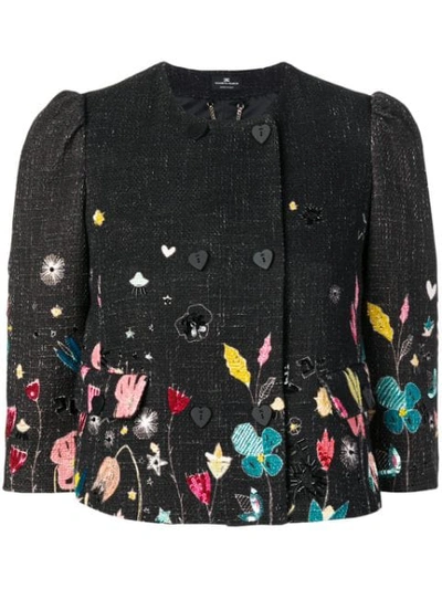 Elisabetta Franchi Floral-print Tweed Jacket - 黑色 In Black