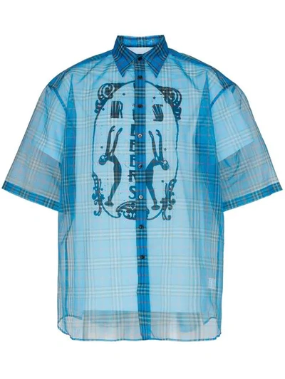 Raf Simons Check Print Double Layer Sheer Cotton Blend Shirt In Blue