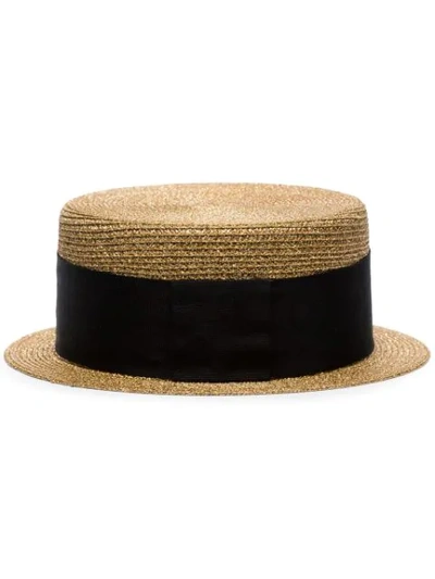Saint Laurent Metallic Gold And Black Small Straw Boater Hat In 8000 Metallic Gold