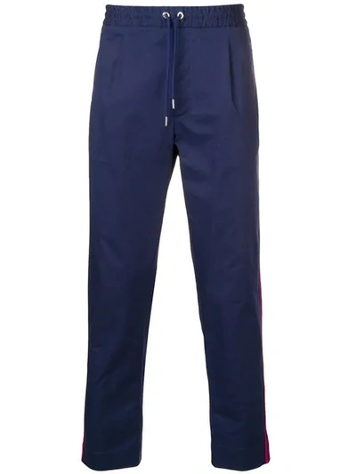 Moncler Stripe Trimmed Tailored Straight Fit Trousers In Blue