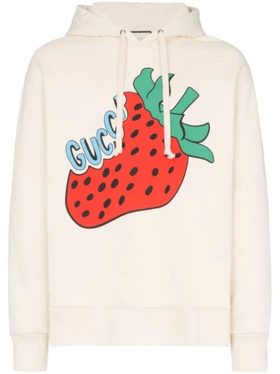 Gucci Strawberry Print Cotton Hoodie In 9230 White