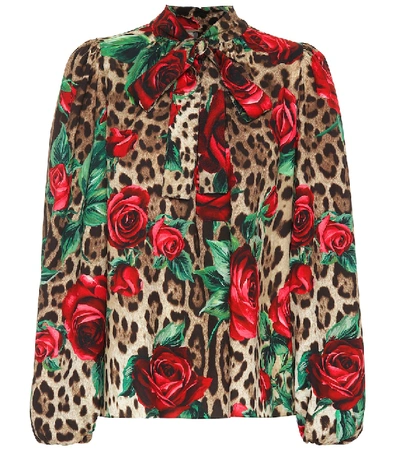 Dolce & Gabbana Leopard And Rose-print Pussy-bow Silk-blend Blouse In Animal Print