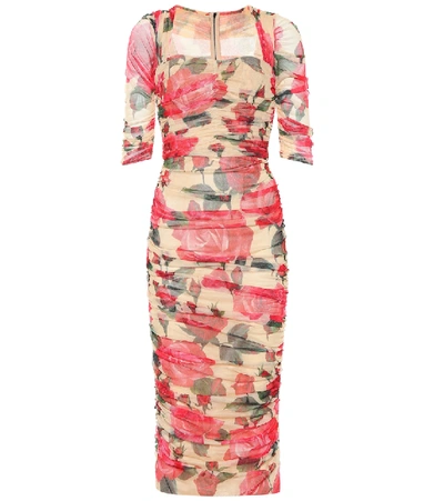 Dolce & Gabbana Ruched Floral-print Cotton-tulle Midi Dress