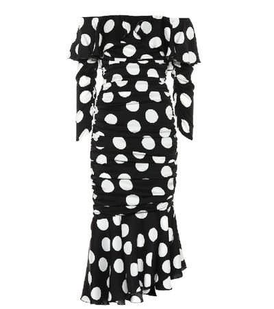 Dolce & Gabbana Ruched Polka-dot Stretch-silk Satin Midi Dress In Black