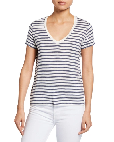 Majestic Striped V-neck Short-sleeve Tee W/ Inverted Back Pleat In Milkdenim Chine