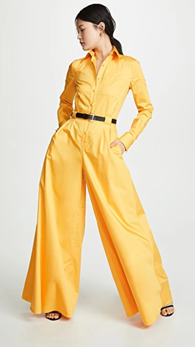 Brandon Maxwell Long-sleeve Button-front Wide Leg Jumpsuit In Marigold