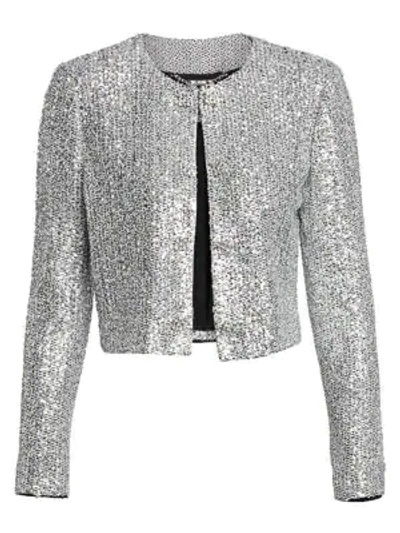 St John Sequin Open-front Long-sleeve Cropped Statement Jacket In Silver