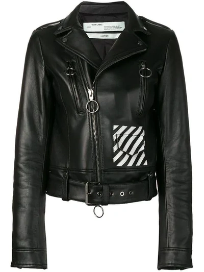 Off-white Embroidered Leather Biker Jacket In Black