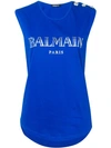 Balmain Metallic Logo-print Cotton-jersey Top In Blue