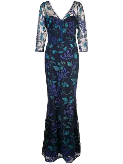 Marchesa Notte Full Length Floral Dress In Blue