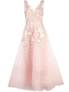 MARCHESA NOTTE TULLE CORSETED BALLGOWN WITH 3D ACRYLIC FLOWERS