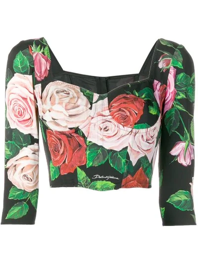 Dolce & Gabbana Floral Print Charmeuse Crop Top In Black