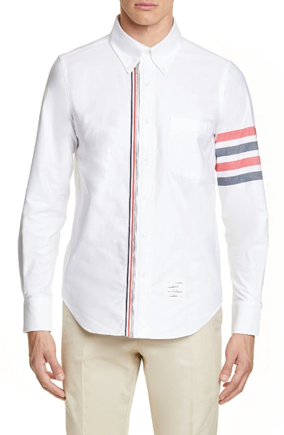 Thom Browne Zip-front  Tri-stripe Cotton Oxford Shirt In White